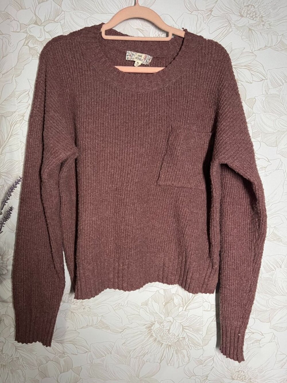Pink Republic Juniors Ribbed Knit Sweater XL Sugar Plum Pocket Long Sleeve
